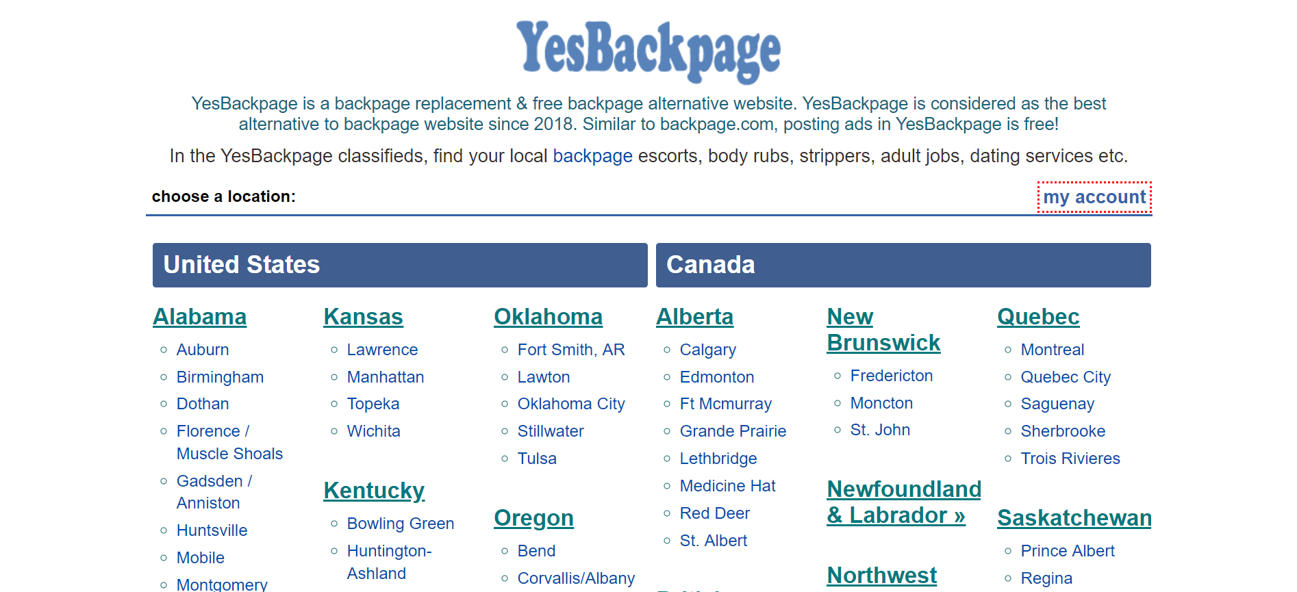 Yesbackpage united states list
